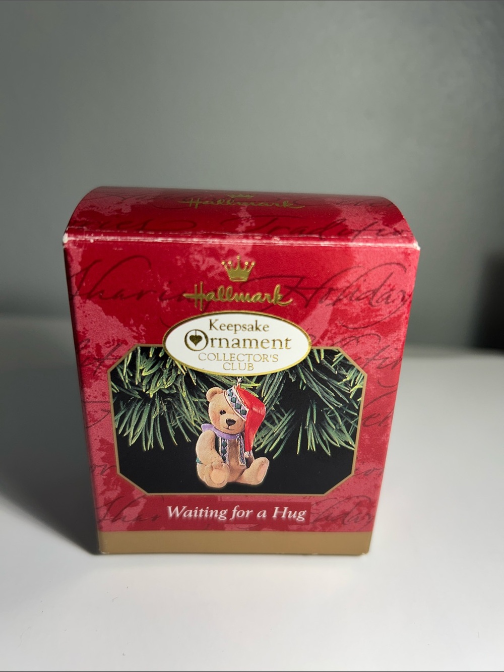 Hallmark 1999 Red Keepsake Ornament Box with Teddy Bear Waiting for a Hug